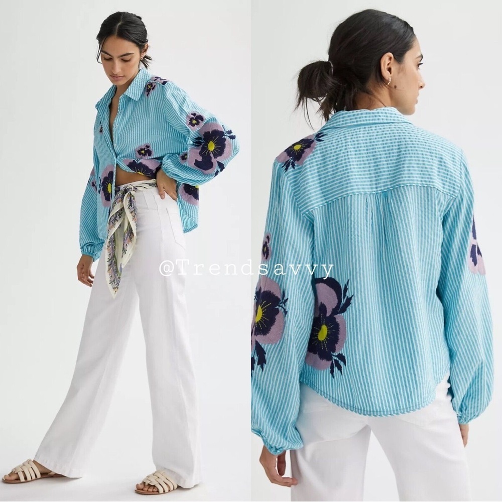 Anthropologie Blue Floral Embroidered Button Down Shirt Blouse Size Small NWT